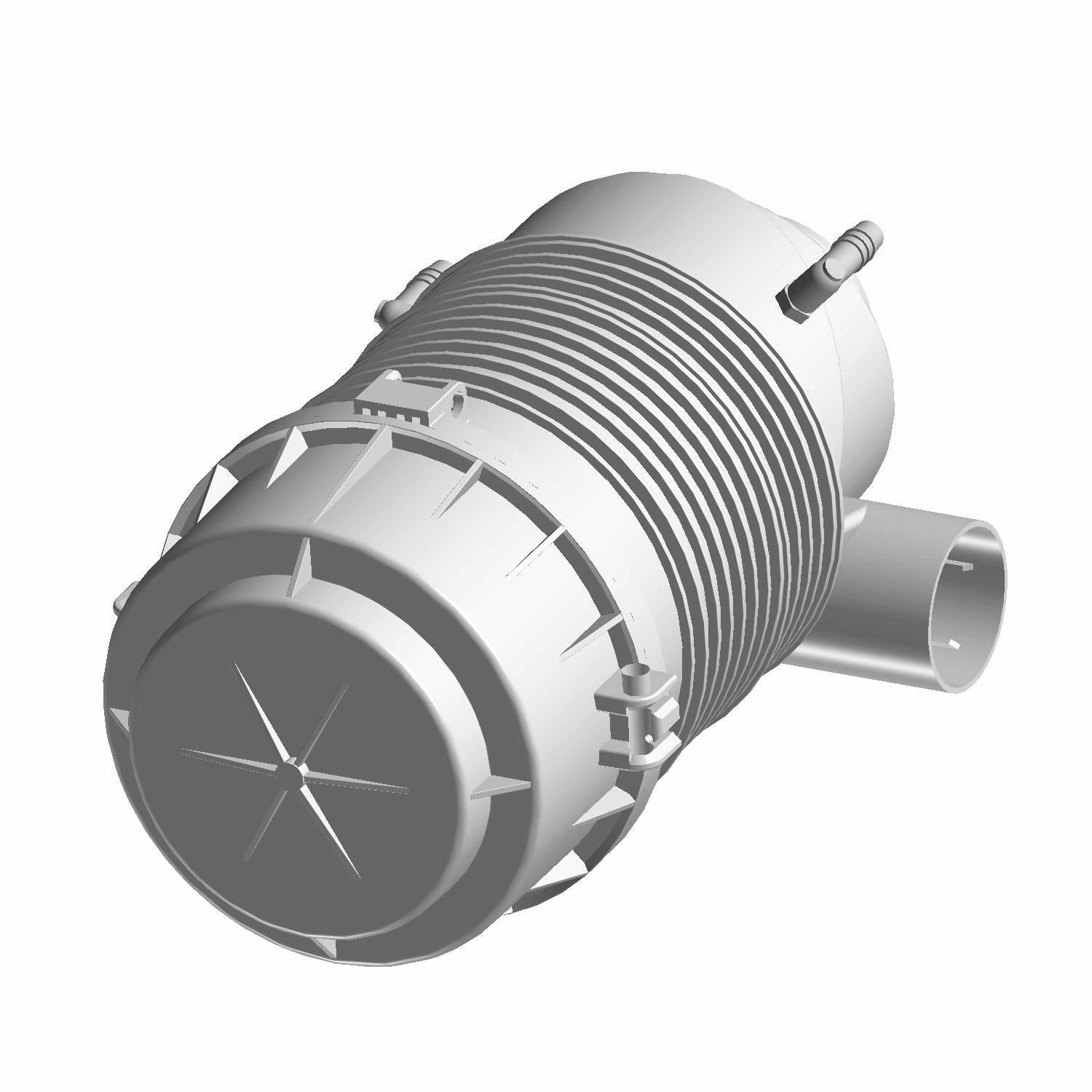 Gray plastic air intake housing with ribbed cylindrical body and circular vented end cap.