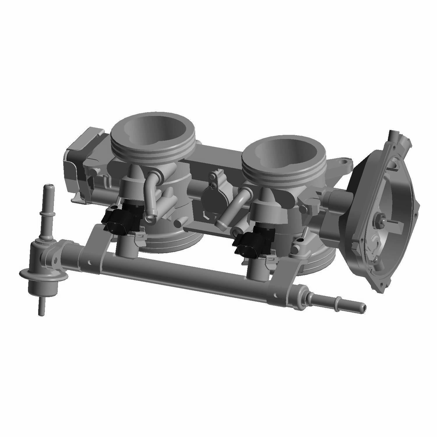 Gray metal dual throttle body assembly with two circular openings and mechanical linkages.