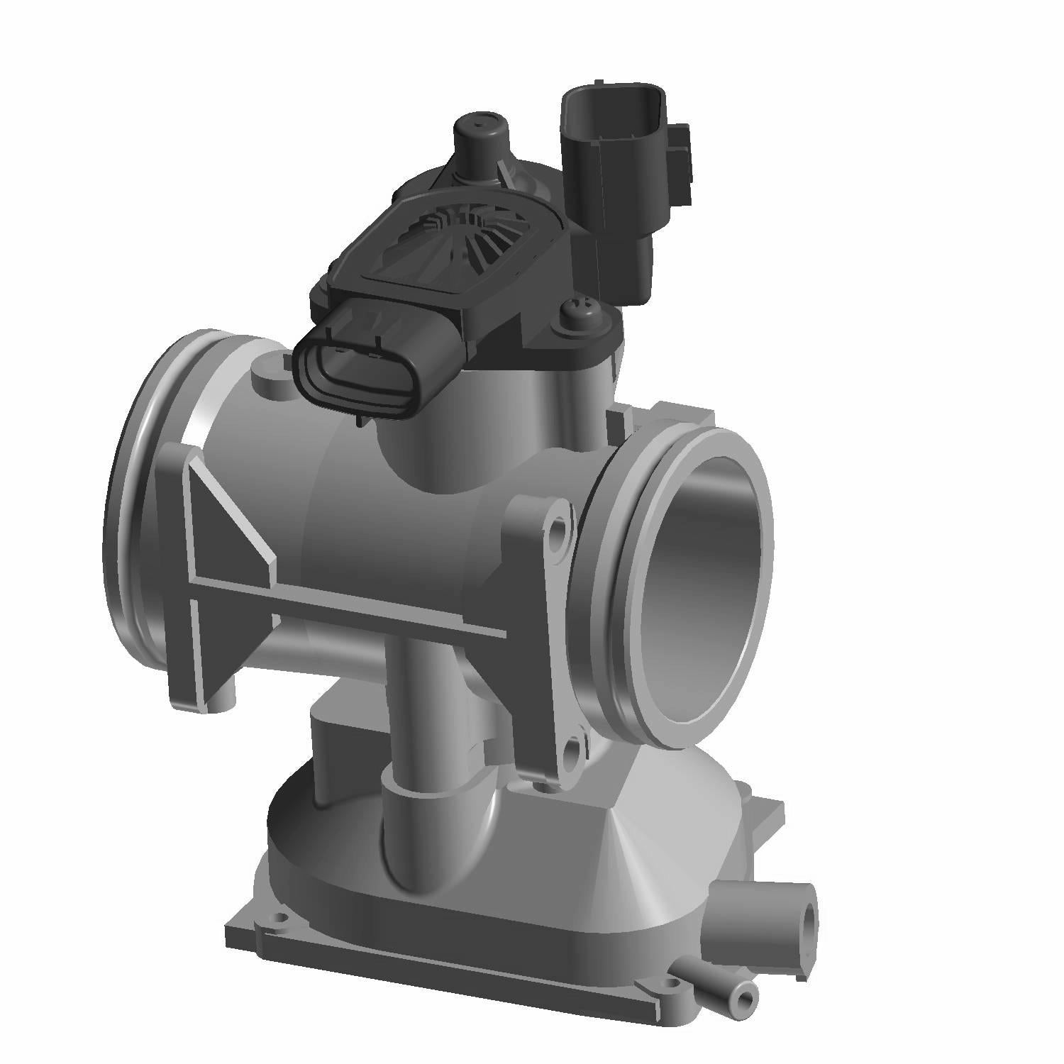 Gray metal throttle body with cylindrical openings and attached black sensor housing, designed for off-road vehicle use.