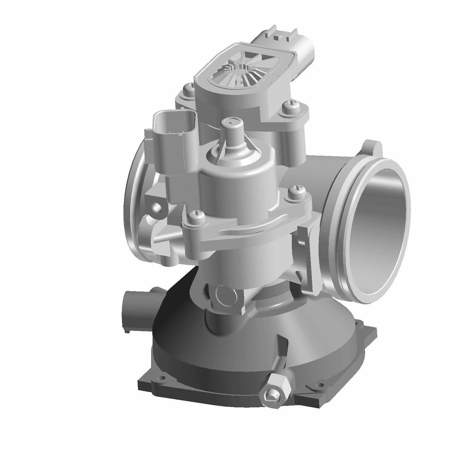 Metallic silver throttle body with integrated idle air control valve, circular air intake, and mounting base.