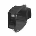 Black molded plastic airbox lid with metal clamp and reinforcement ribs, designed for Polaris UTV models.