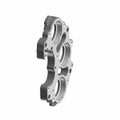 Silver metal cam bearing plate with three circular openings and multiple bolt holes.