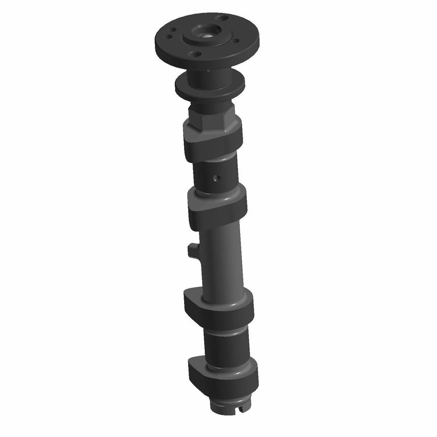 Black metal exhaust camshaft with multiple lobes and circular mounting flange.