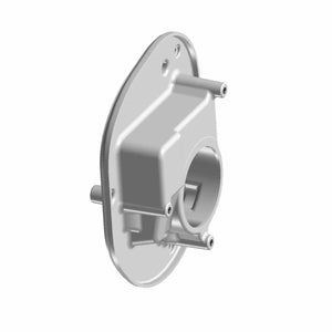 A 3D-rendered Air Filter Retainer Plate by Polaris for Indian motorcycles, with a flat oval base, raised rectangular section, central circular opening, and multiple mounting holes, showcasing the smooth, OEM-quality finish of Indian Polaris parts.