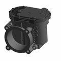 Black plastic throttle body with circular air intake and mounting points for motorcycle engine.