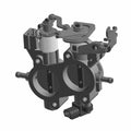 Metallic gray throttle body assembly with dual circular throttle valves and mechanical linkage components.