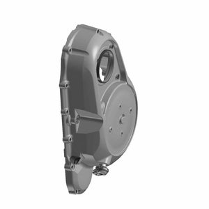 Matte black motorcycle primary cover with rounded edges and mounting holes, designed for Indian models.