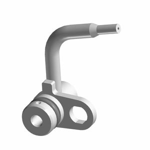 Silver metal cooling jet piston with a bent tube and mounting flange with hex-shaped hole.