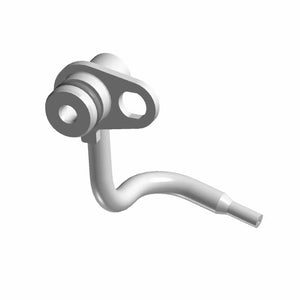 Silver metal cooling jet piston with mounting flange and curved tube design.