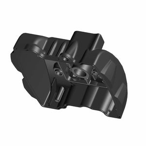 Black matte-finished front valve cover with mounting holes and angular design for motorcycle engine.