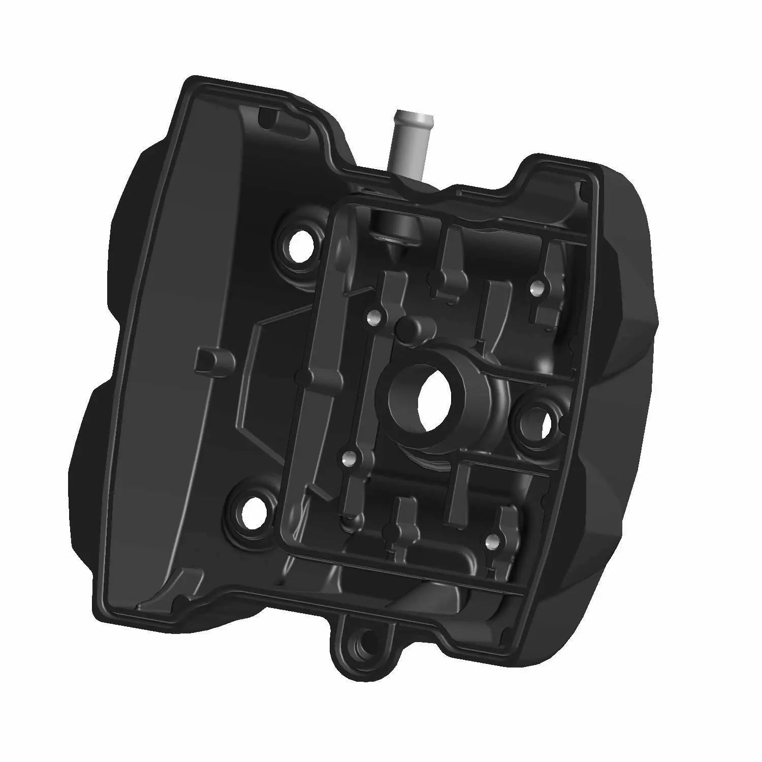 Black rectangular rear valve cover with mounting holes and integrated hose fitting, made of durable material.