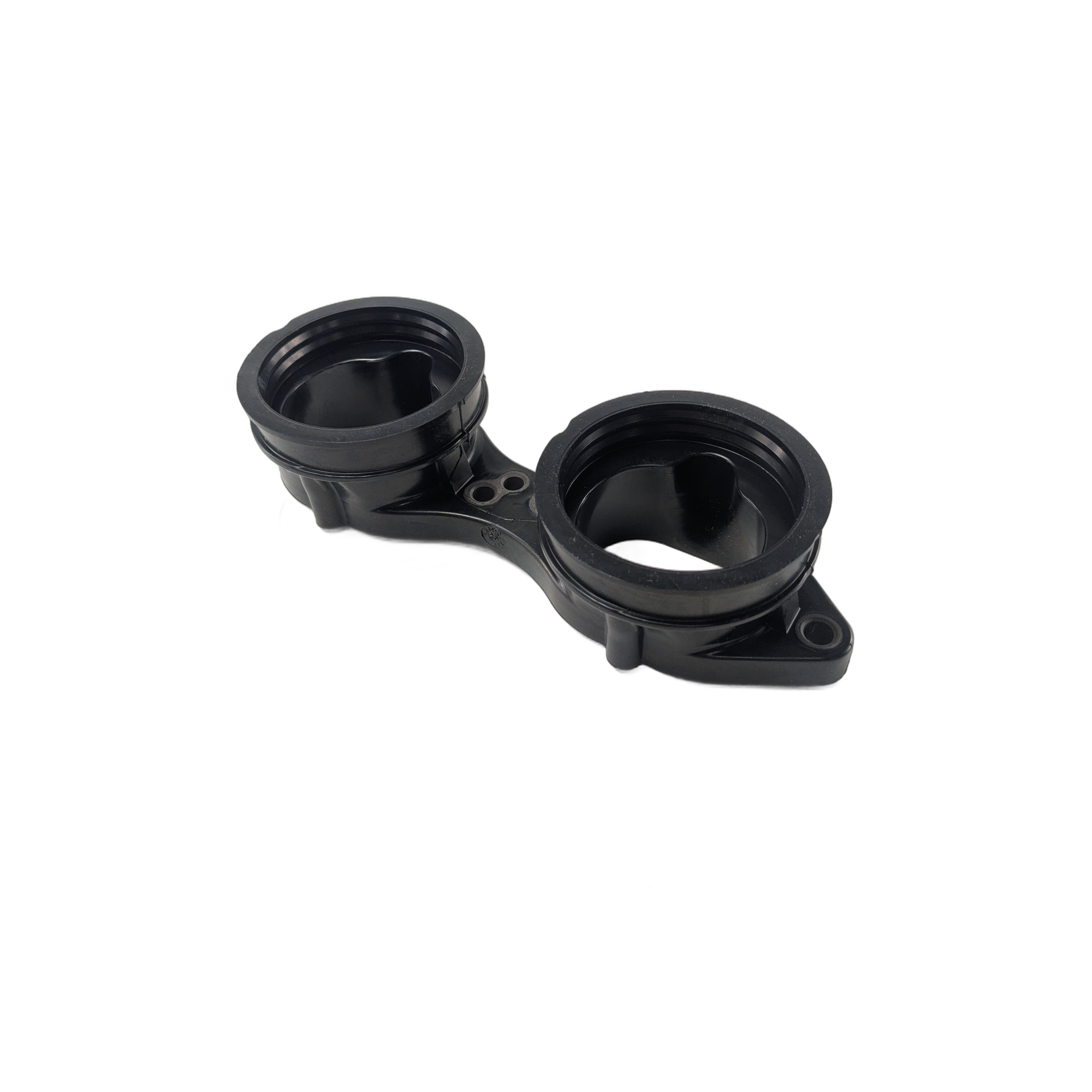 Black molded plastic throttle body adaptor with dual circular openings and mounting holes.