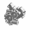 Metallic silver oil pump with dual gear design and multiple mounting points for Indian motorcycles.