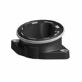 Black molded manifold adapter with silver rim and two mounting holes.