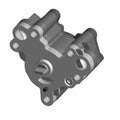 Matte gray metal dual scavenge oil pump with multiple mounting holes and cylindrical outlet ports.