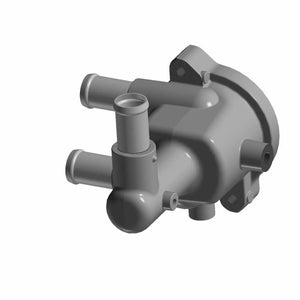 Gray molded plastic thermostat housing with multiple cylindrical hose connectors and mounting points.