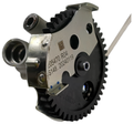 Black metal motorcycle oil pump assembly with a large toothed gear, silver housing, and machined ports.