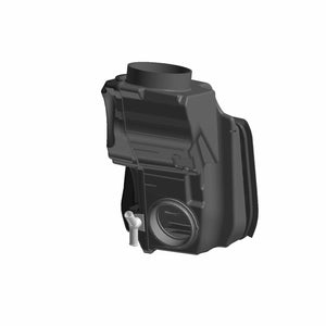 Black rectangular main air intake housing with round opening and attached filter for motorcycle.