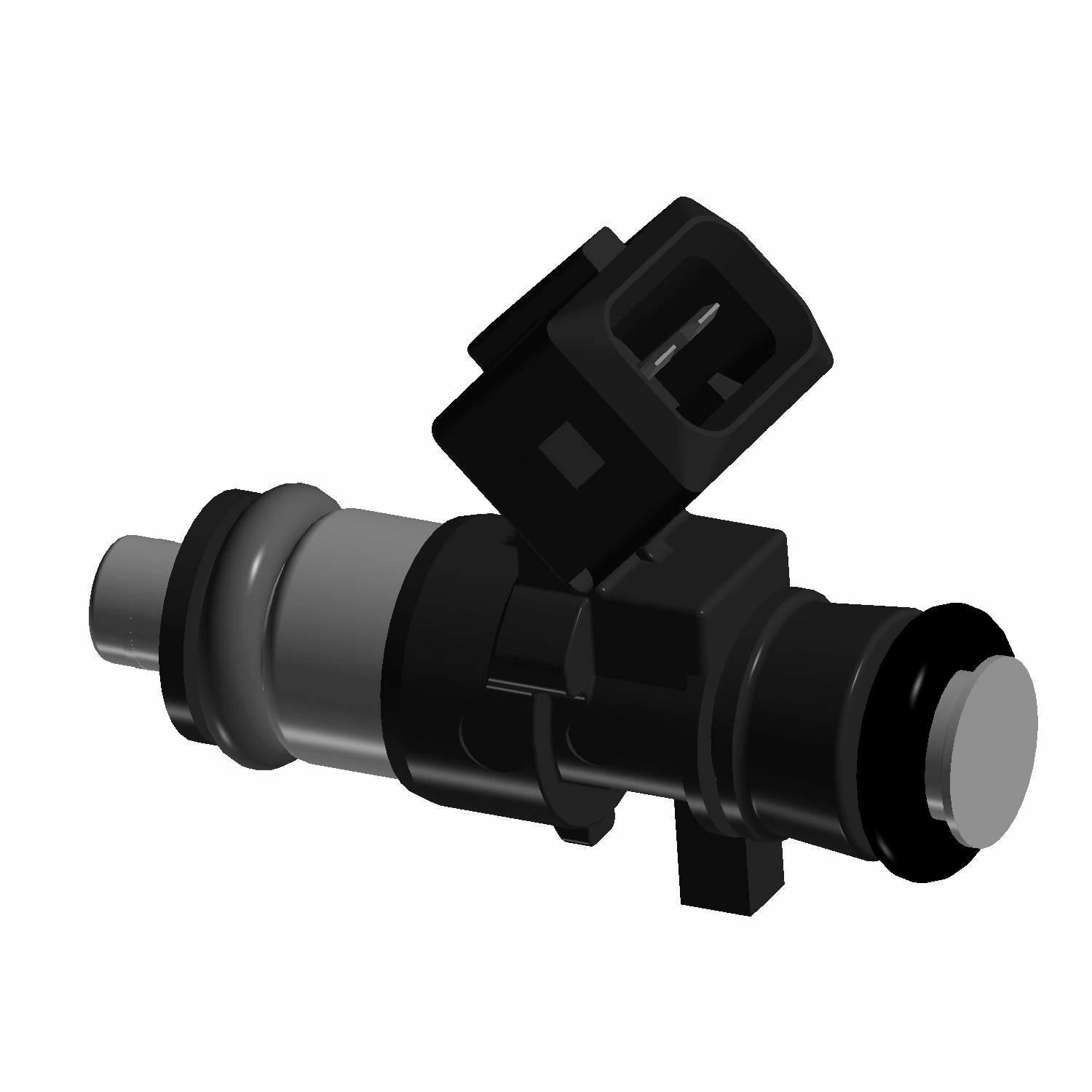 Black and gray cylindrical fuel injector with electrical connector and mounting clip.
