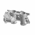 Silver metal dual throttle body with cylindrical intake openings and mounting brackets.