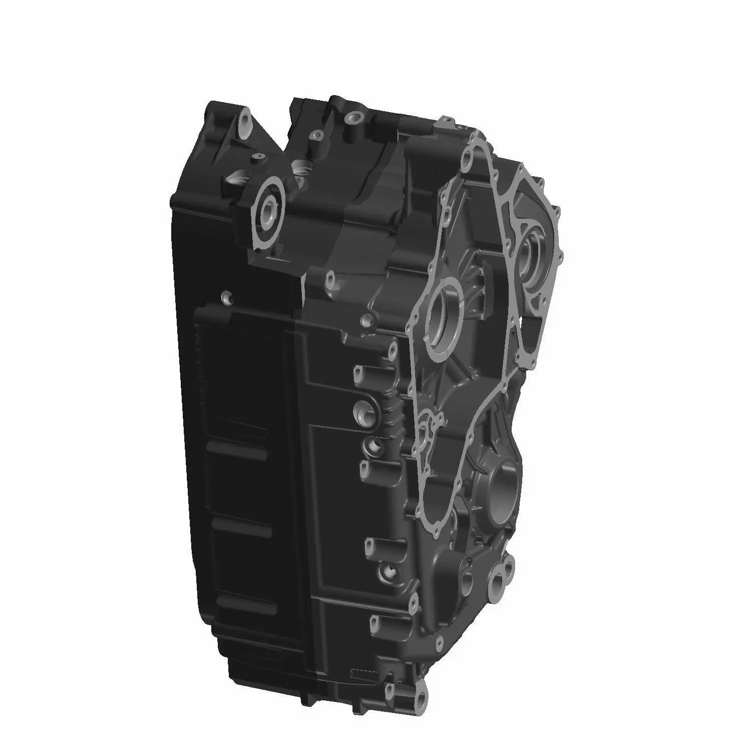 Black and silver titanium crankcase with multiple bolt holes and machined edges for Indian FTR-1200 motorcycle.