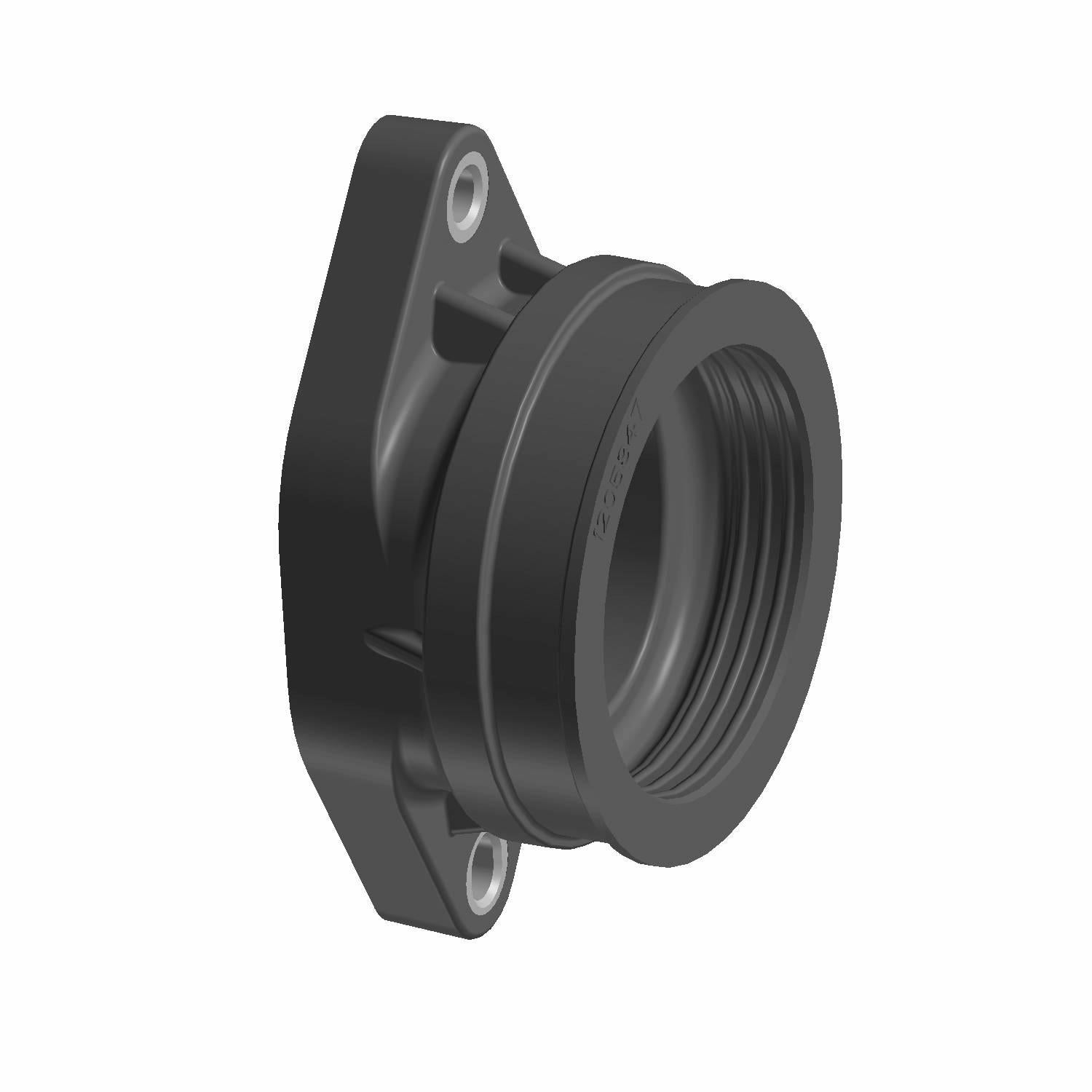 Black plastic adapter manifold with flange base and threaded circular opening.