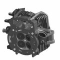 Black metal motorcycle front head cylinder with cooling fins and multiple circular ports.