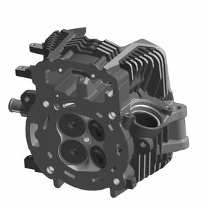 Black metal motorcycle front head cylinder with cooling fins and multiple circular ports.