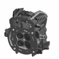 Black and gray metal rear head cylinder with cooling fins and multiple circular ports, for motorcycle engine.