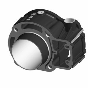 Black engine cylinder with titanium inner barrel, round front, and multiple mounting points.