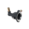 Black metal thermostat housing with silver mounting flange and brass connector fitting.