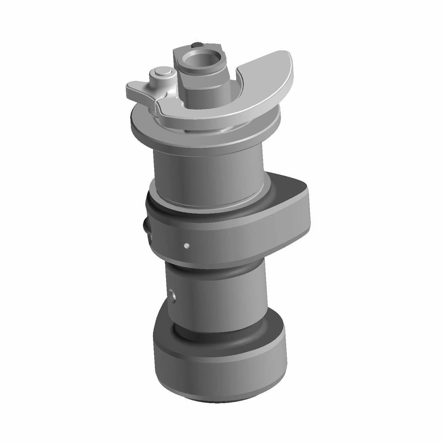 Gray metal camshaft with lobed cylindrical shape and mounting points for engine timing mechanisms.