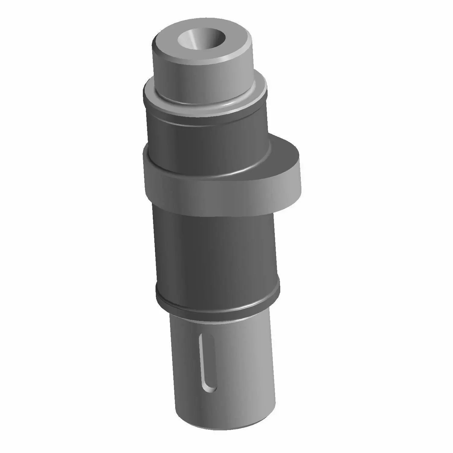 Matte black metal exhaust camshaft with cylindrical shape and mounting flange.