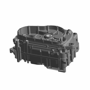 Matte black crankcase housing with complex molded structure and mounting points.