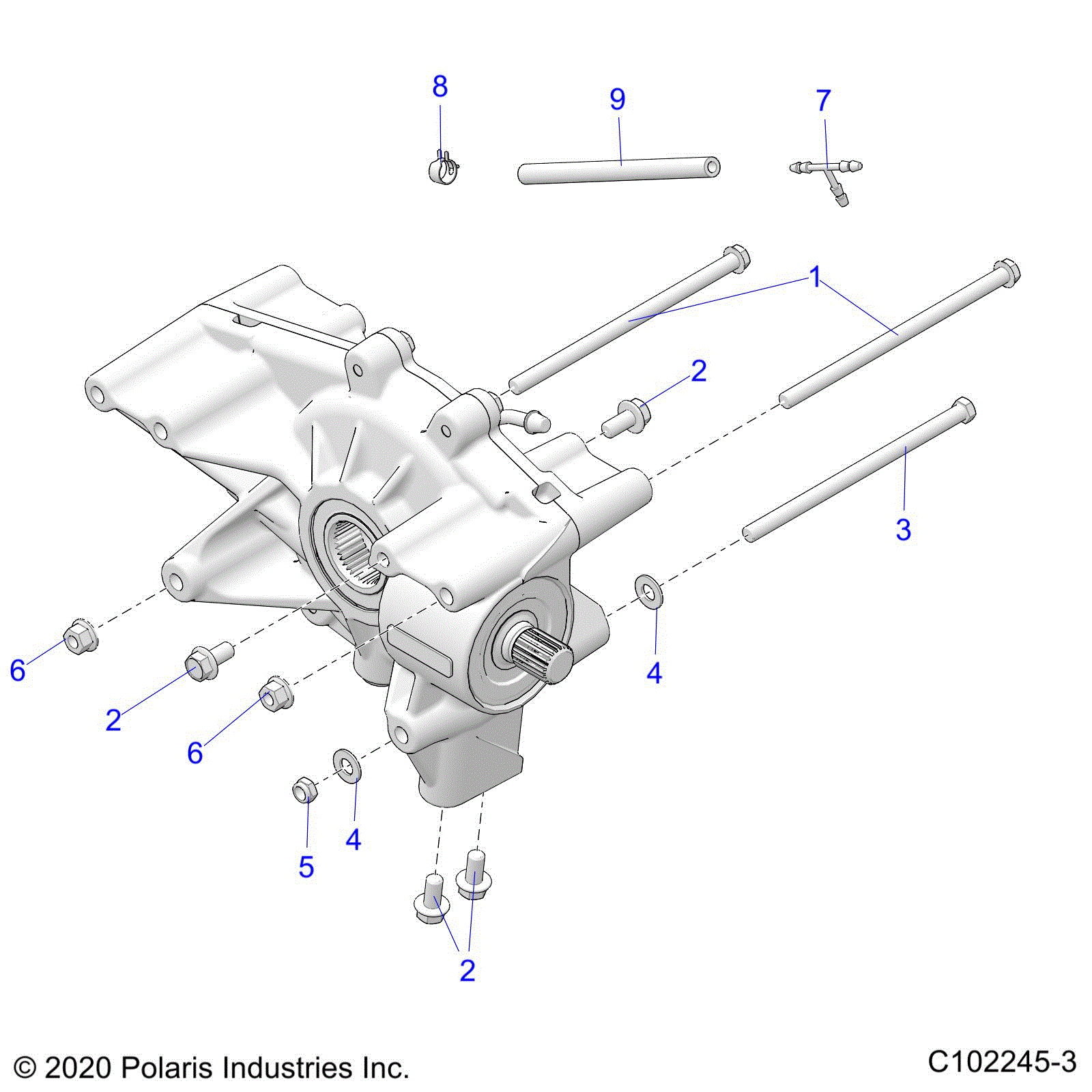 An Image of a Genuine Polaris Parts Schematic Diagram showing the schematic - DRIVE TRAIN: REAR GEARCASE MOUNTING - 2022 POLARIS SPORTSMAN 570 6X6