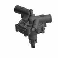Black plastic water pump with multiple angled inlet and outlet tubes and a central mounting base.