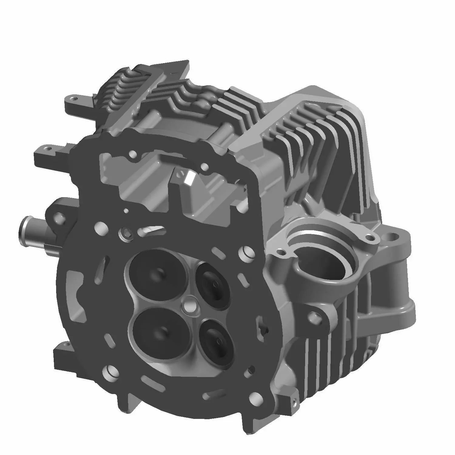 Matte black metal motorcycle front head cylinder with cooling fins and valve openings.