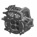 Matte black metal motorcycle front head cylinder with cooling fins and valve openings.