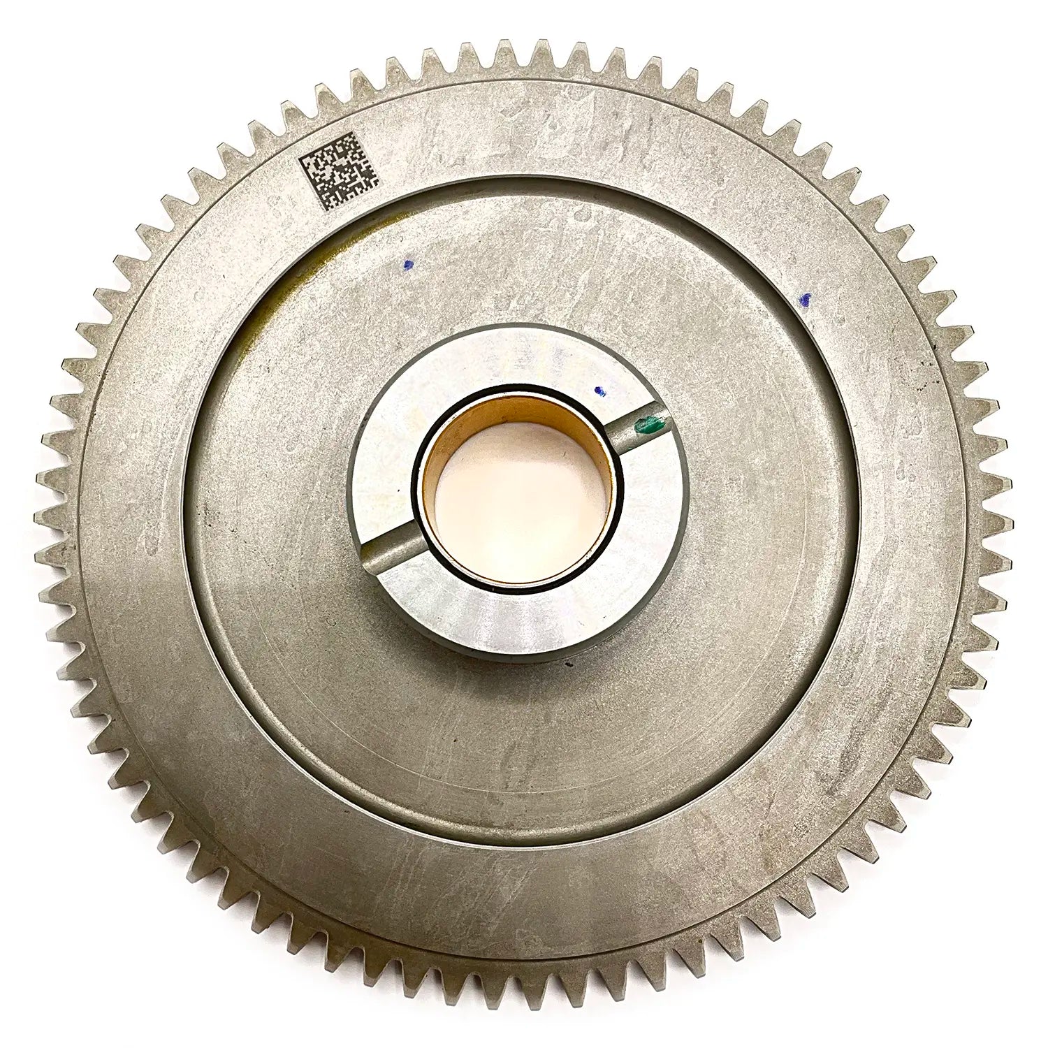 Silver metal crank starter gear with fine teeth around edge and circular central hub.