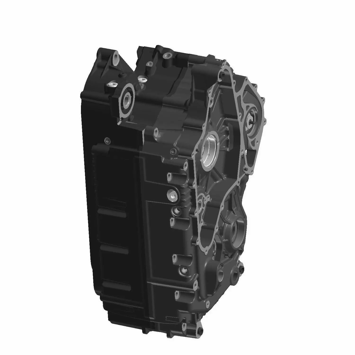 Black metal crankcase with multiple bolt holes and precision-machined surfaces for engine assembly.
