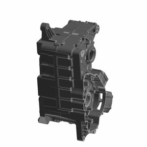 Black metal crankcase housing with multiple mounting points and structural ribs for a motorcycle engine.