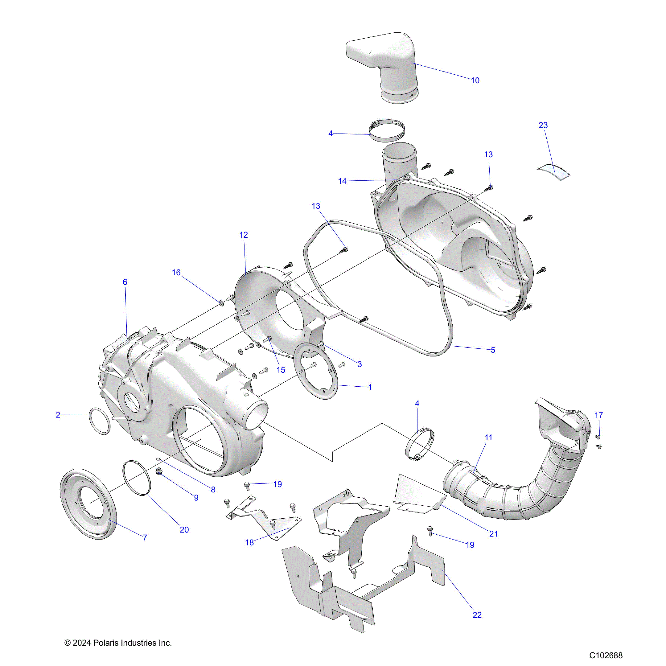 An Image of a Genuine Polaris Parts Schematic Diagram showing the schematic - BODY: CLUTCH COVER - 2026 POLARIS SPORTSMAN 570 EPS PREMIUM