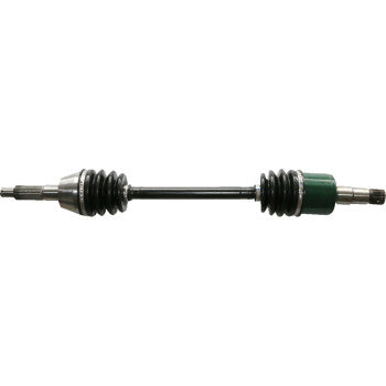 Black metal Polaris Ranger CV axle with rubber accordion boots on both ends and green protective cap on one side.