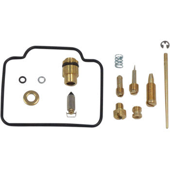 The Polaris Carburetor Repair Kit by Shindy includes main and pilot jets, a black rubber gasket, float valves, screws, washers, a spring, and a needle—all displayed on a white background.
