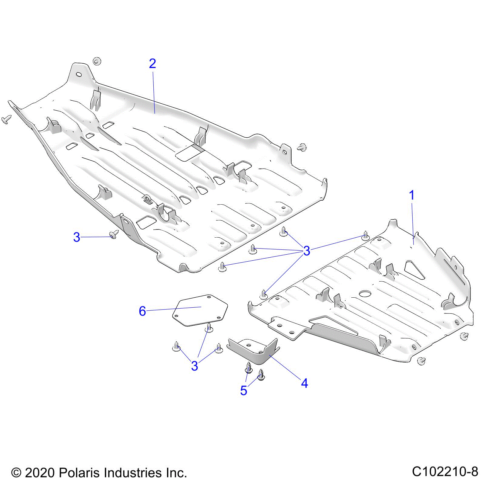 An Image of a Genuine Polaris Parts Schematic Diagram showing the schematic - BODY: SKID PLATES - 2023 POLARIS SCRAMBLER 850 48"