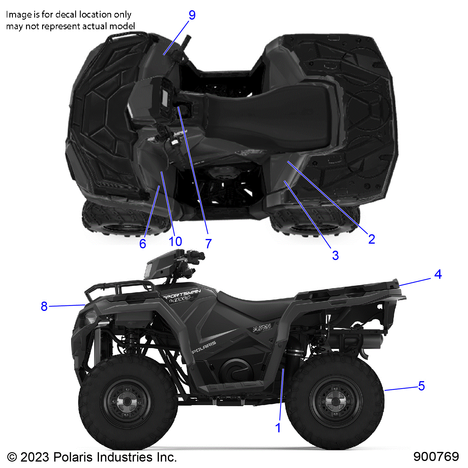 An Image of a Genuine Polaris Parts Schematic Diagram showing the schematic - BODY: DECALS STANDARD - 2024 POLARIS SPORTSMAN 450 HO 50S