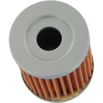 The Yamaha-Kawasaki-Suzuki Oil Filter by Vesrah features a cylindrical, pleated filter paper design with gray plastic end caps and a central hole, effectively trapping particles. Top-view shown.