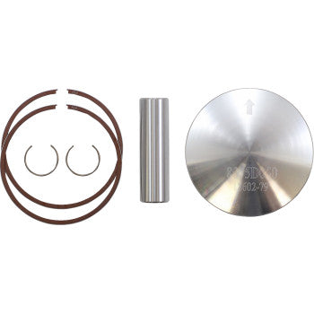 Silver metallic piston with precision-machined surface, accompanied by circular retaining clips and thin piston rings.