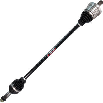 The Can Am Defender Axle Lift Kit Heavy Duty Front Right by Demon features a black chromoly steel CV joint drive shaft with metal ends, rubber boots, and a red and white Demon logo at the center.