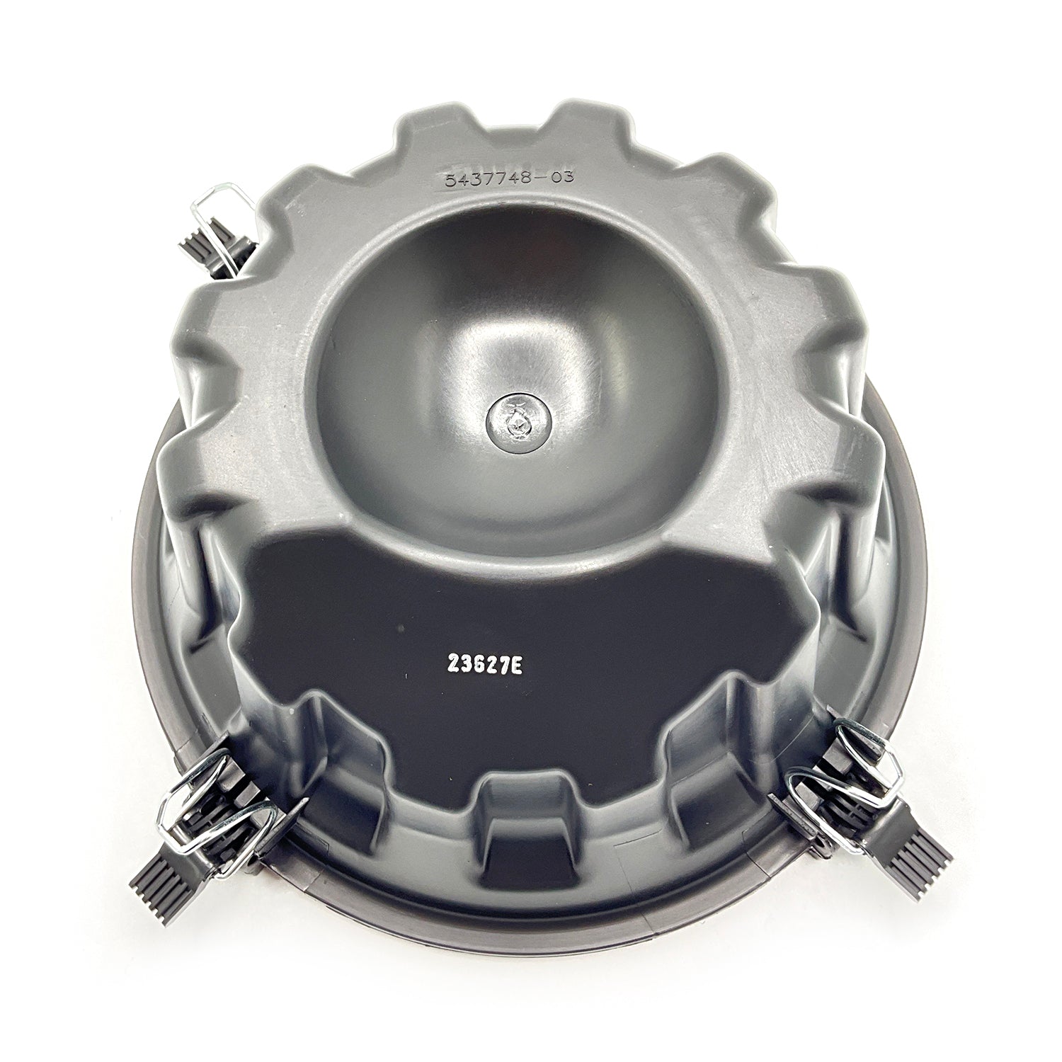 Round gray plastic air intake lid with central recessed bowl and three metal clamps around edges.